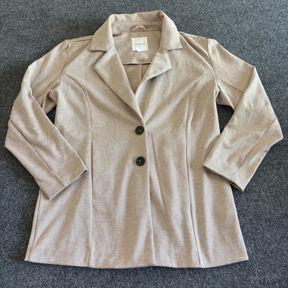 Avec Les Filles Womens Medium Tan Herringbone Two Button Blazer Jacket 80103